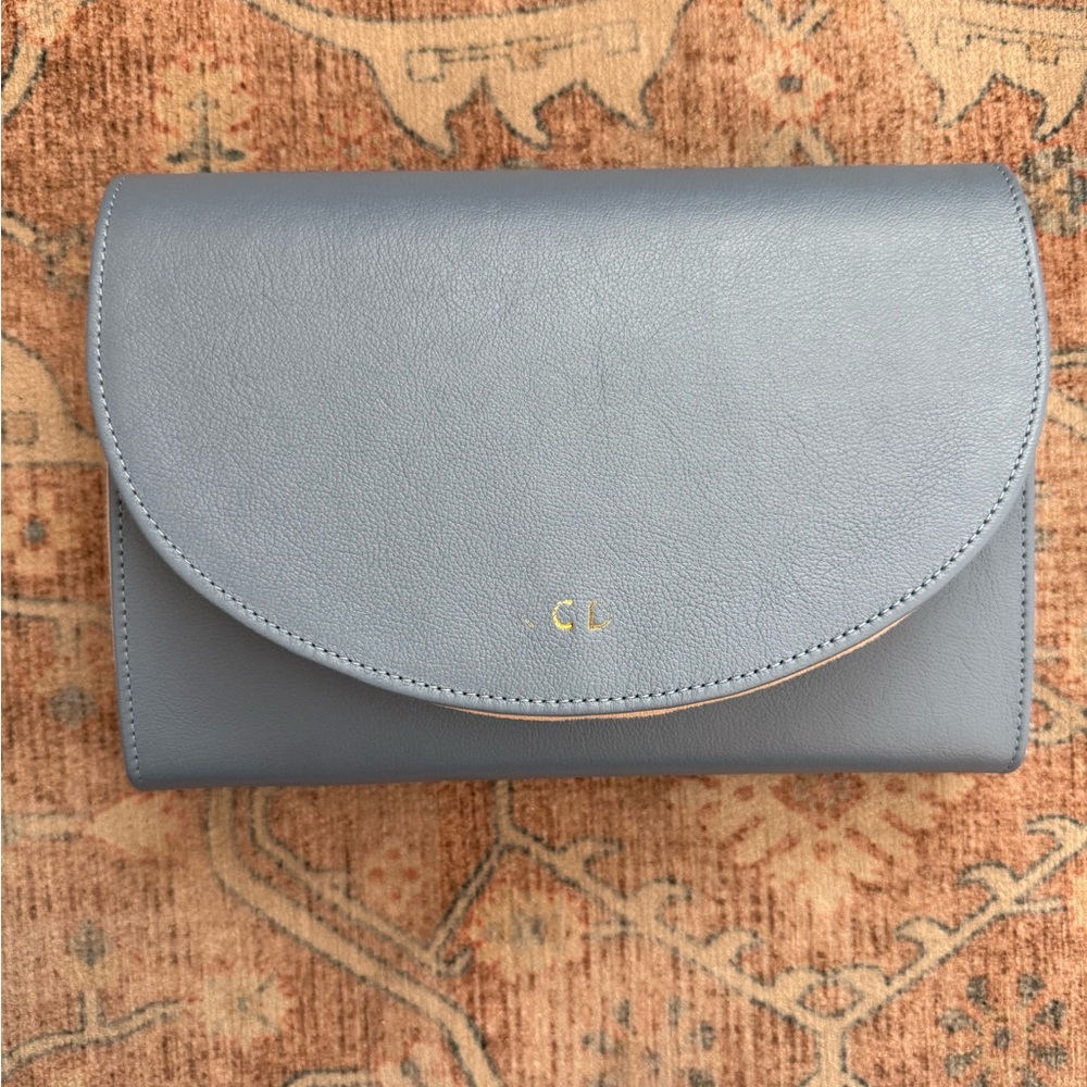 The Trifold Jewelry Case Faded Denim Micro Pebble